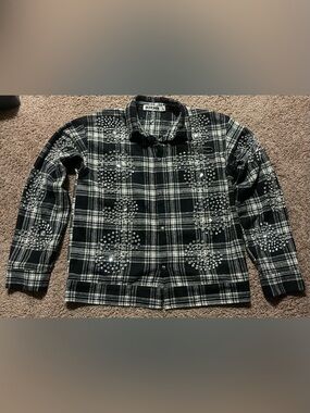 Watson Studios Studded Black & White Plaid Button-Up Size L